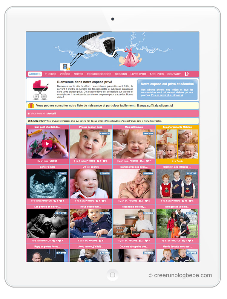 Sur ordinateur, tablette et mobile, votre espace privé permettra de créer un joli carnet de bord personnalisable pour partager vos photos/vidéos de bébé avec vos proches